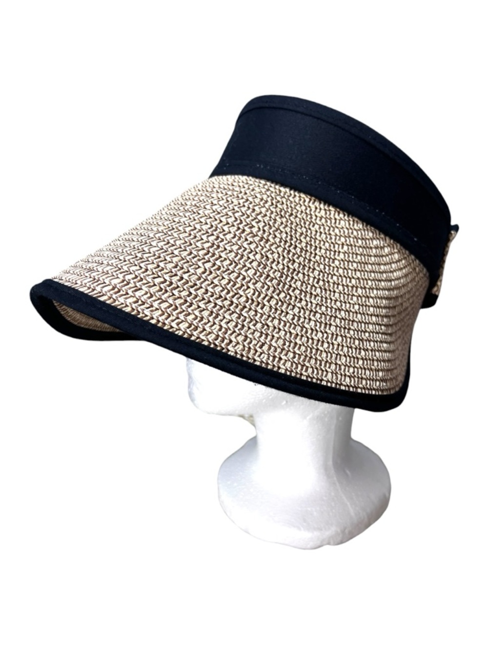 Rima Beach World Straw Visor Hat Wide Brim Roll Up Packable Black Trim 5.5” Brim